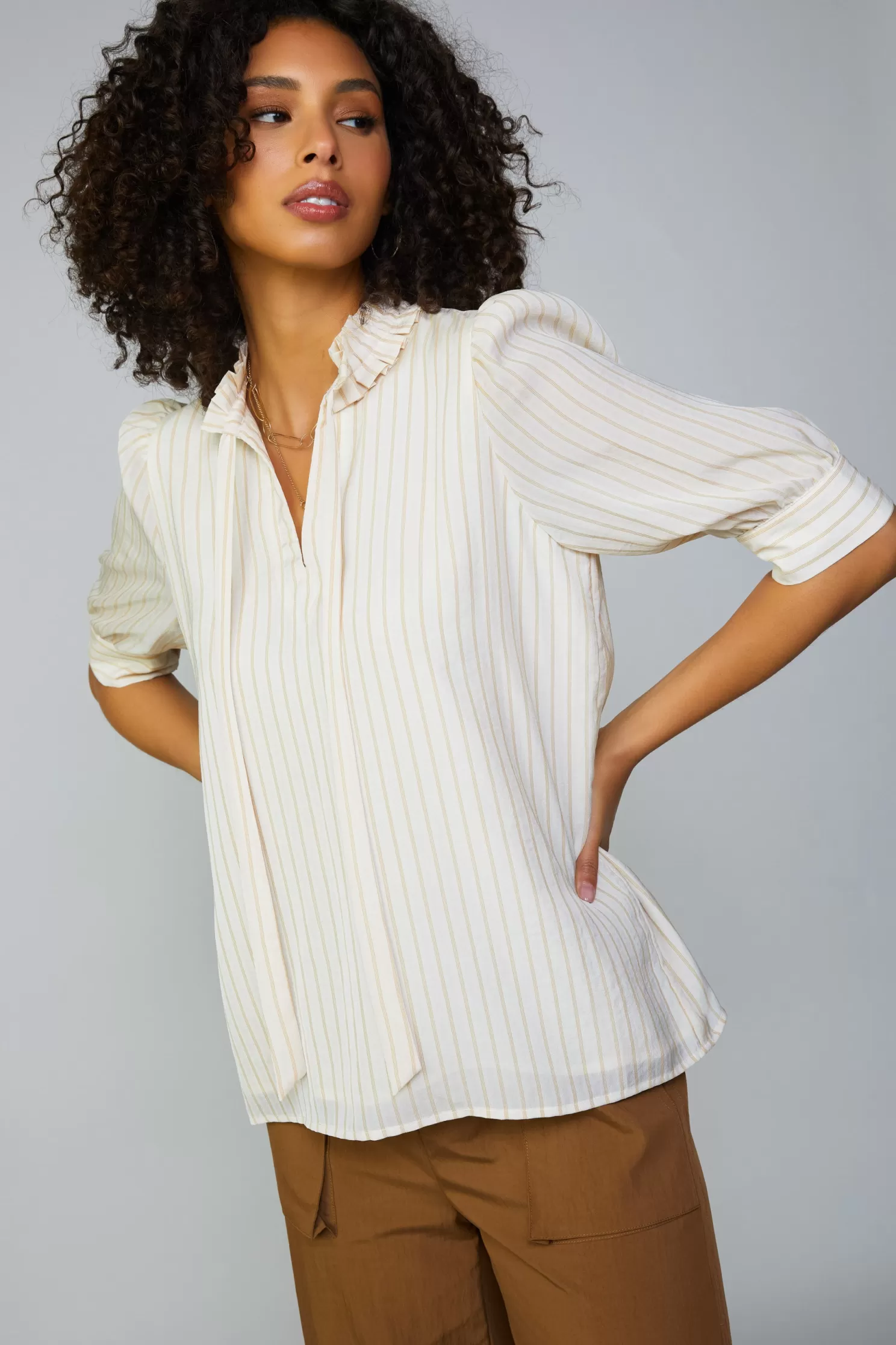 New Striped Structured Sleeve Blouse Short Sleeve Tops | Blouses