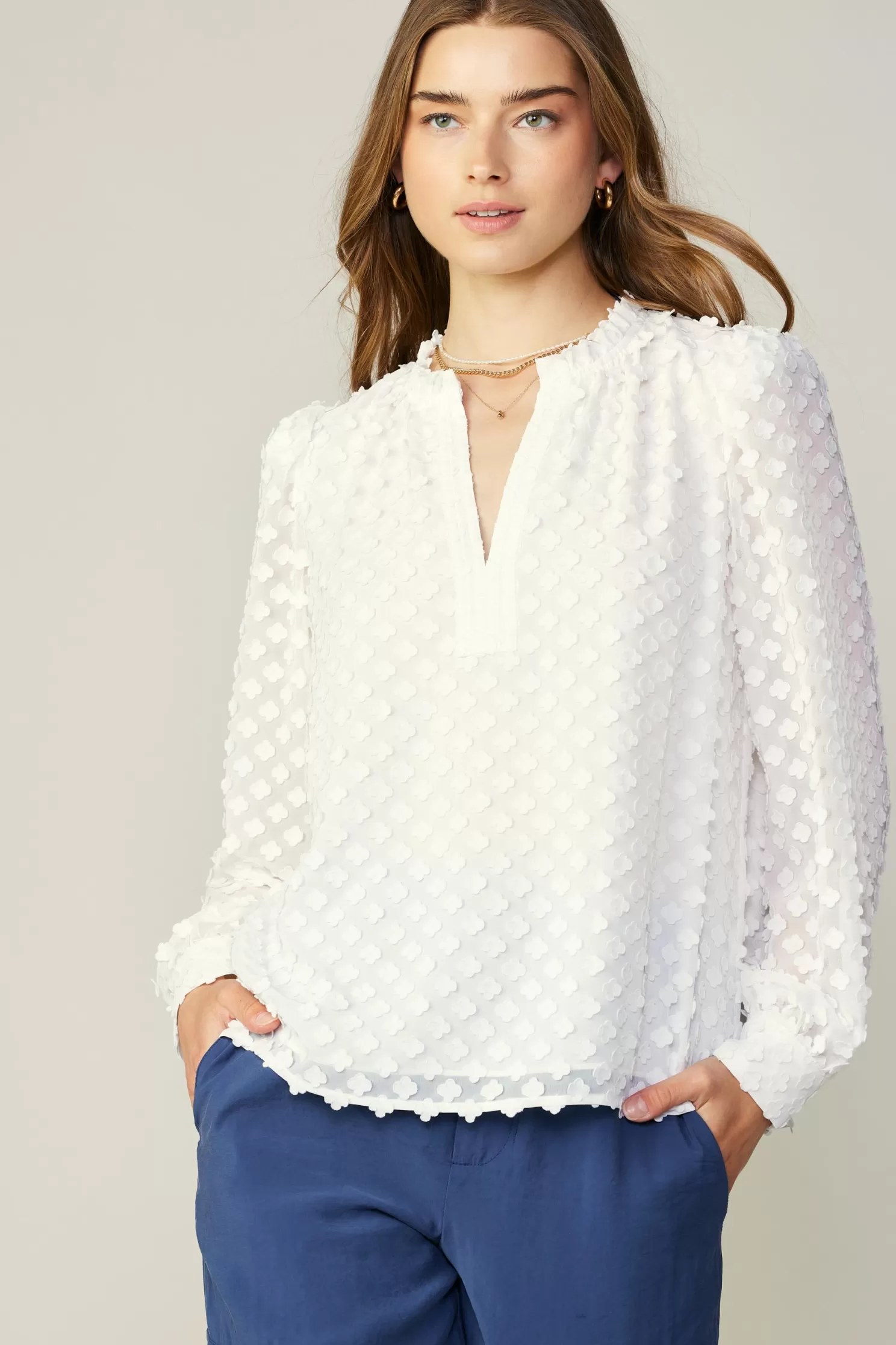 Store Textured Floral Jacquard Blouse Blouses | Long Sleeve Tops