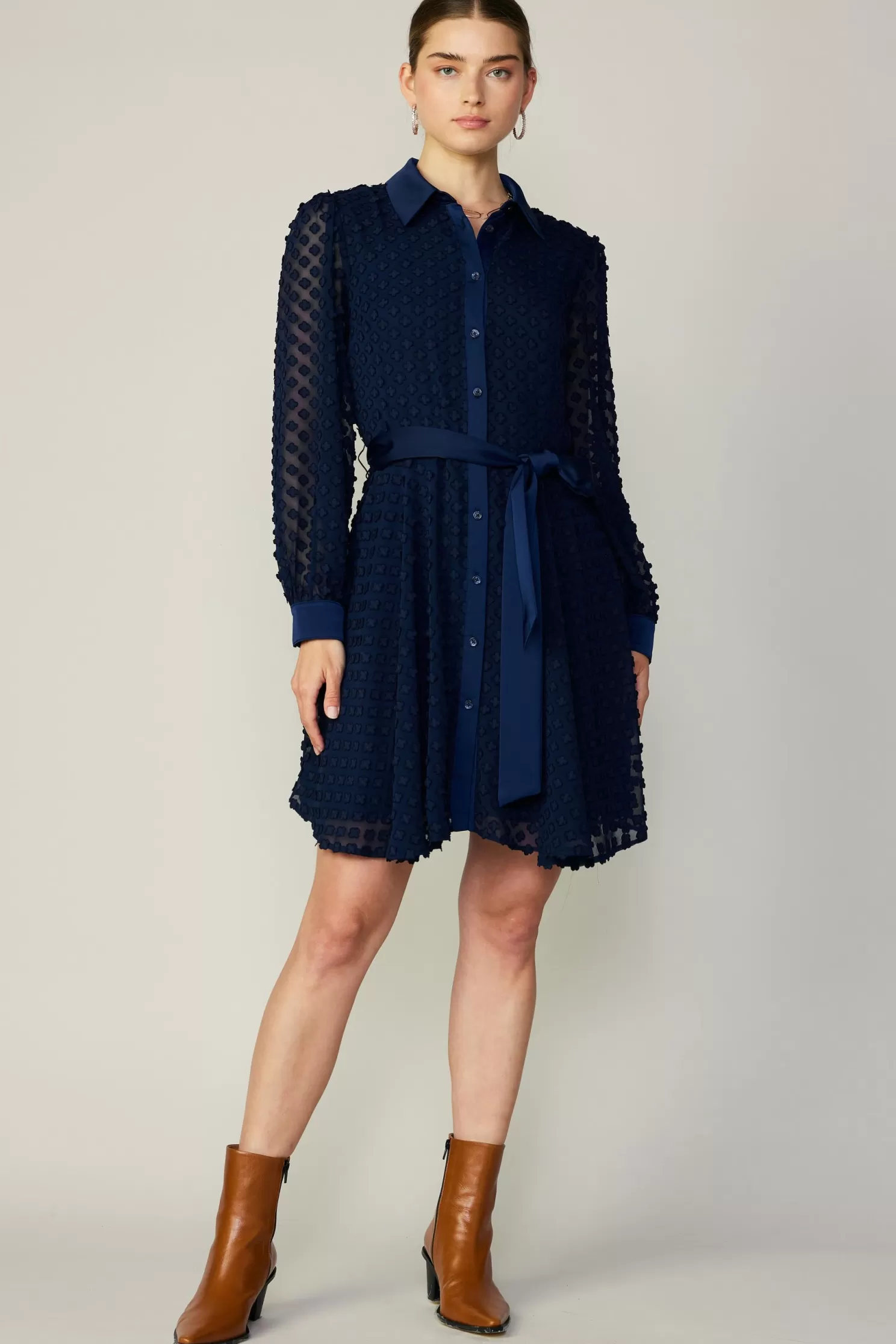 New Textured Floral Jacquard Shirt Dress Mini Dresses