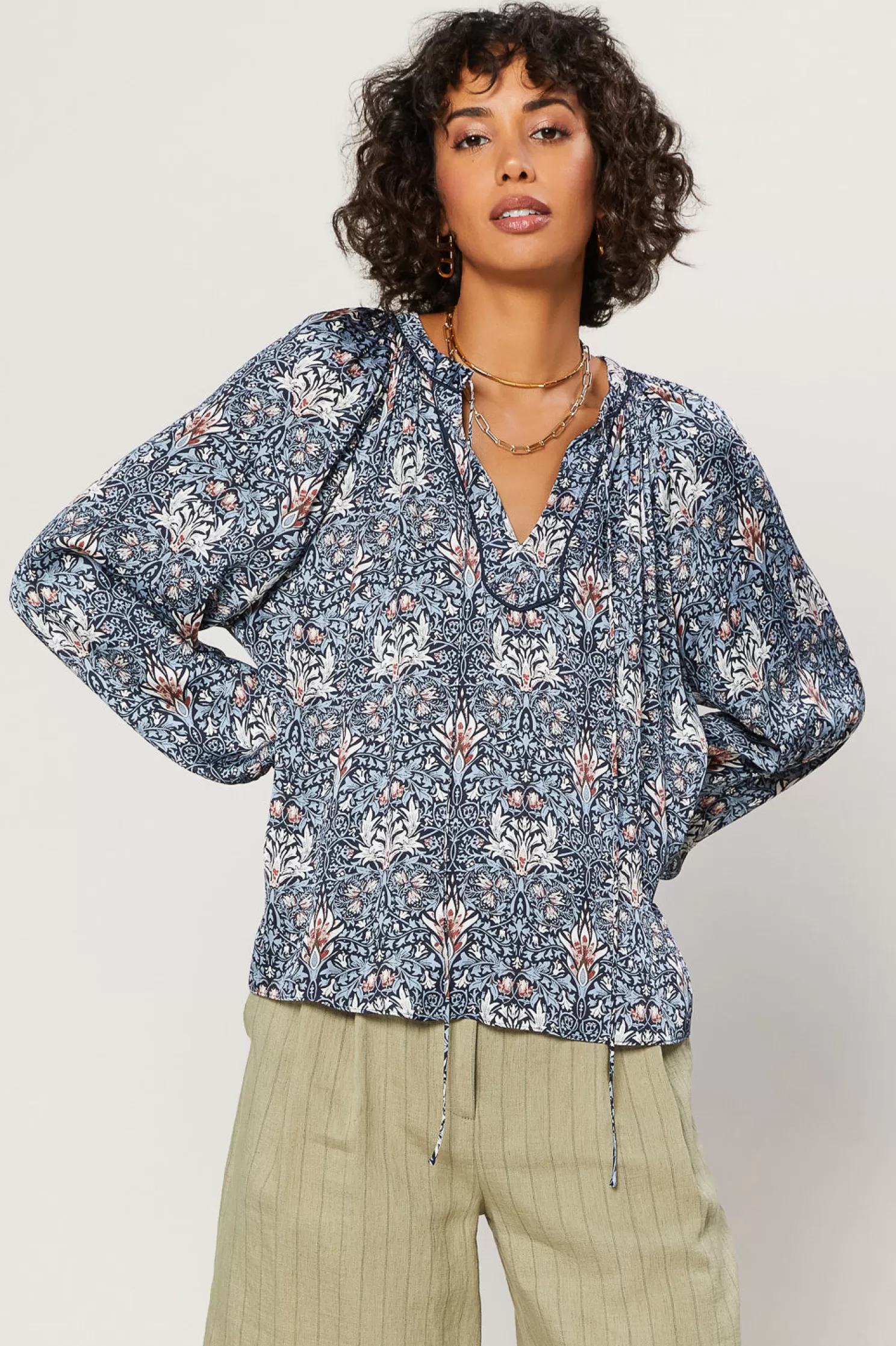 Sale Tile Print Split Neck Top Blouses | Long Sleeve Tops