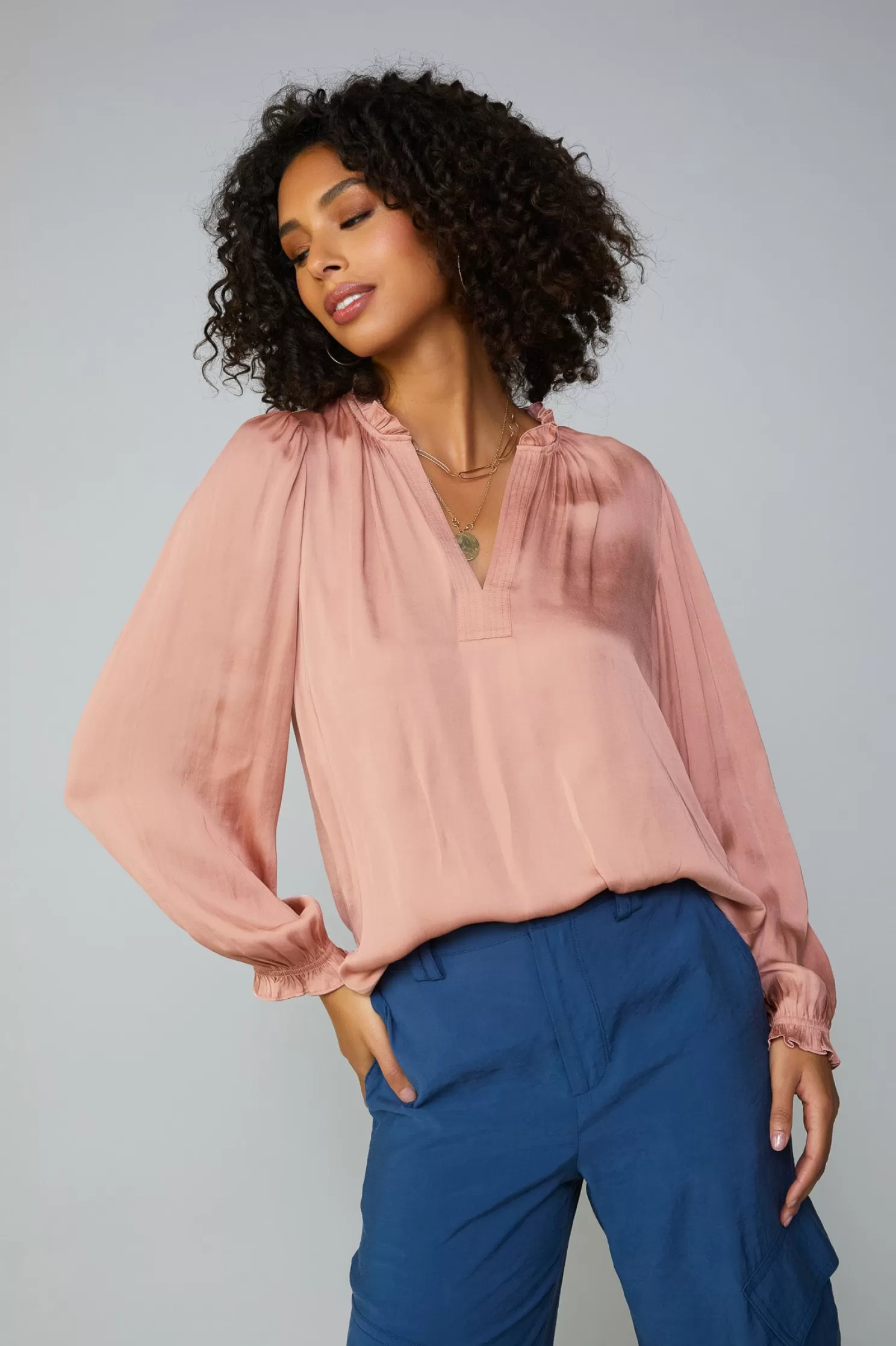 Hot Top Stitch Placket Blouse Blouses | Long Sleeve Tops