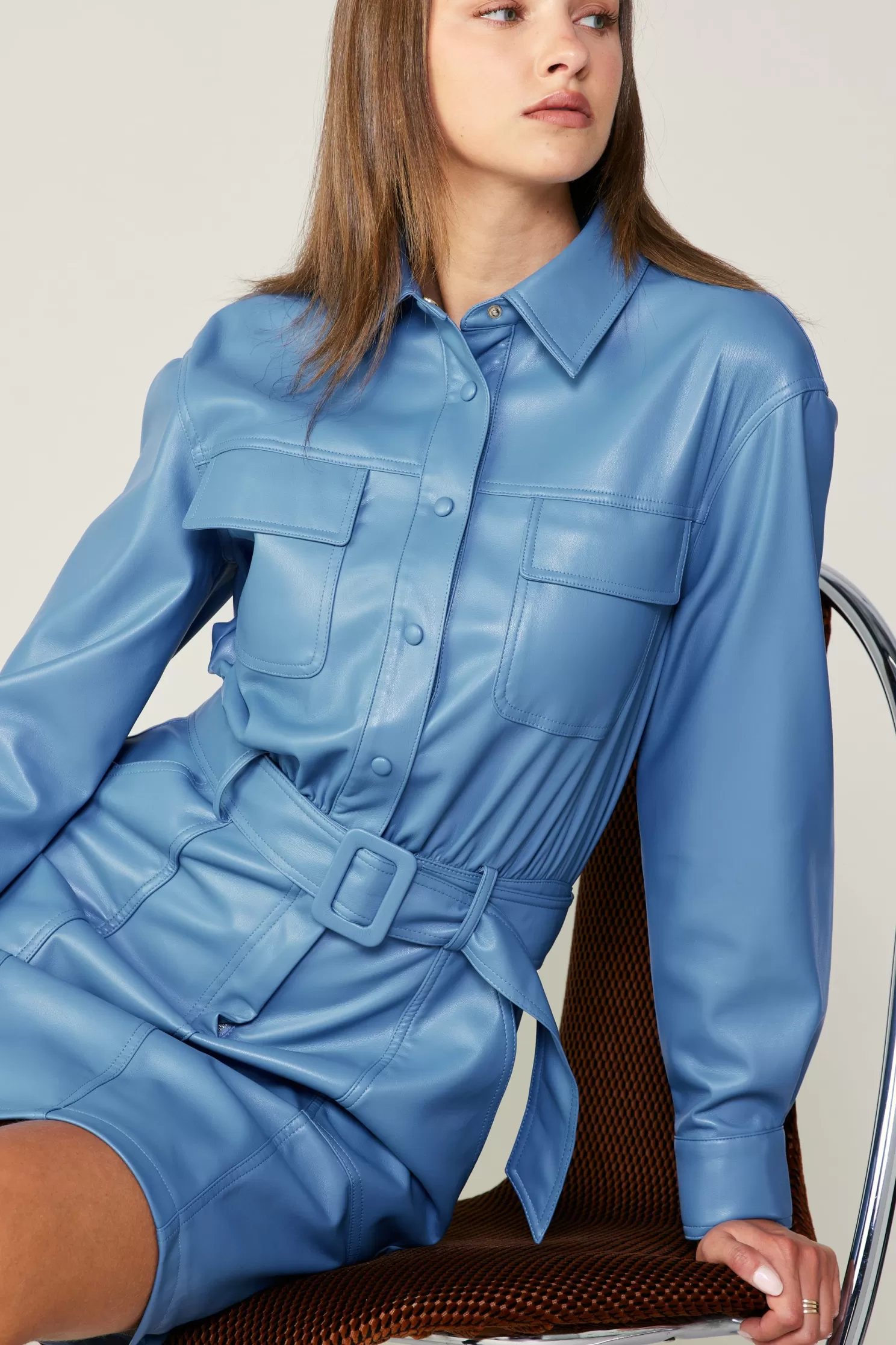 Clearance Vegan Leather Belted Shirt Dress Mini Dresses