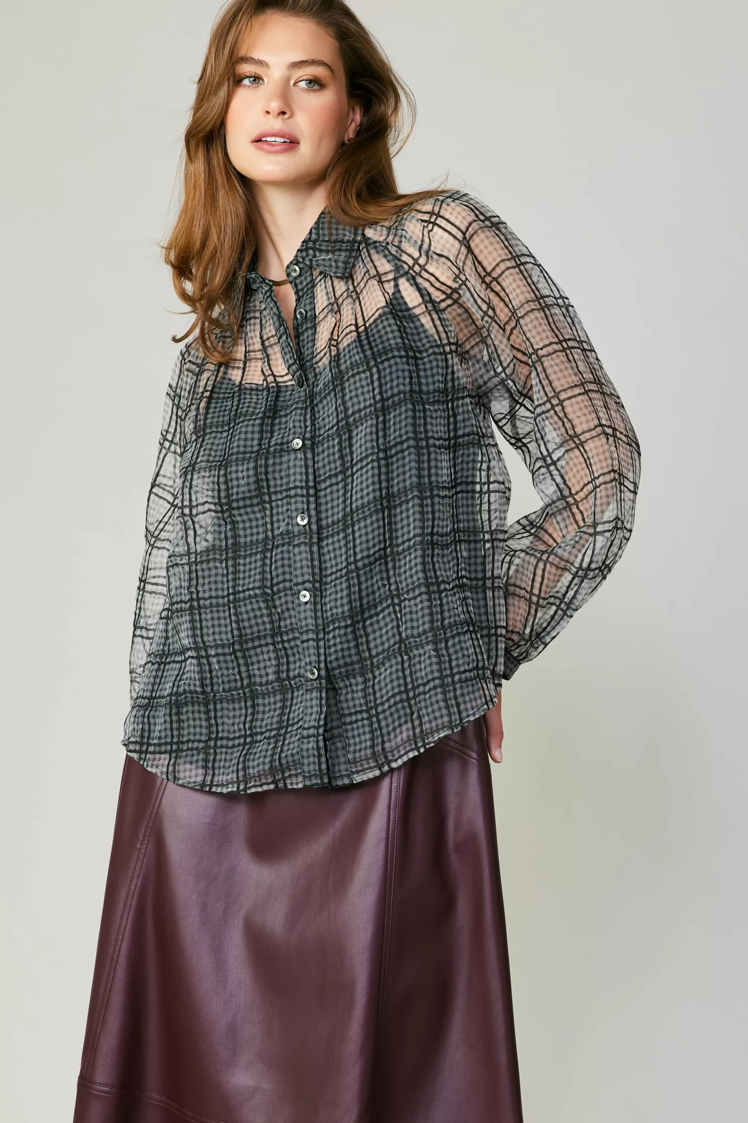 Hot Windowpane Plaid Sheer Blouse Long Sleeve Tops