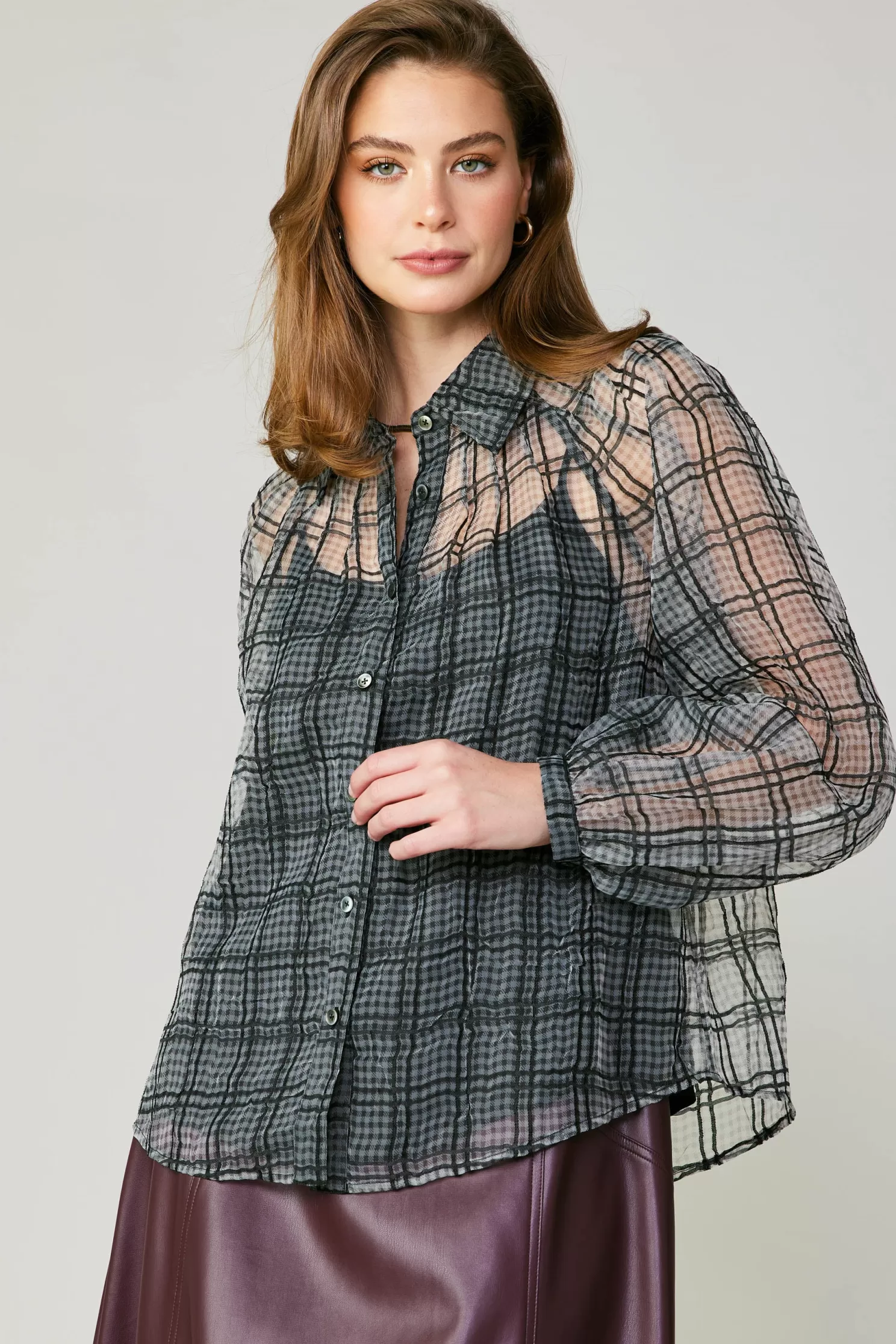 Hot Windowpane Plaid Sheer Blouse Long Sleeve Tops