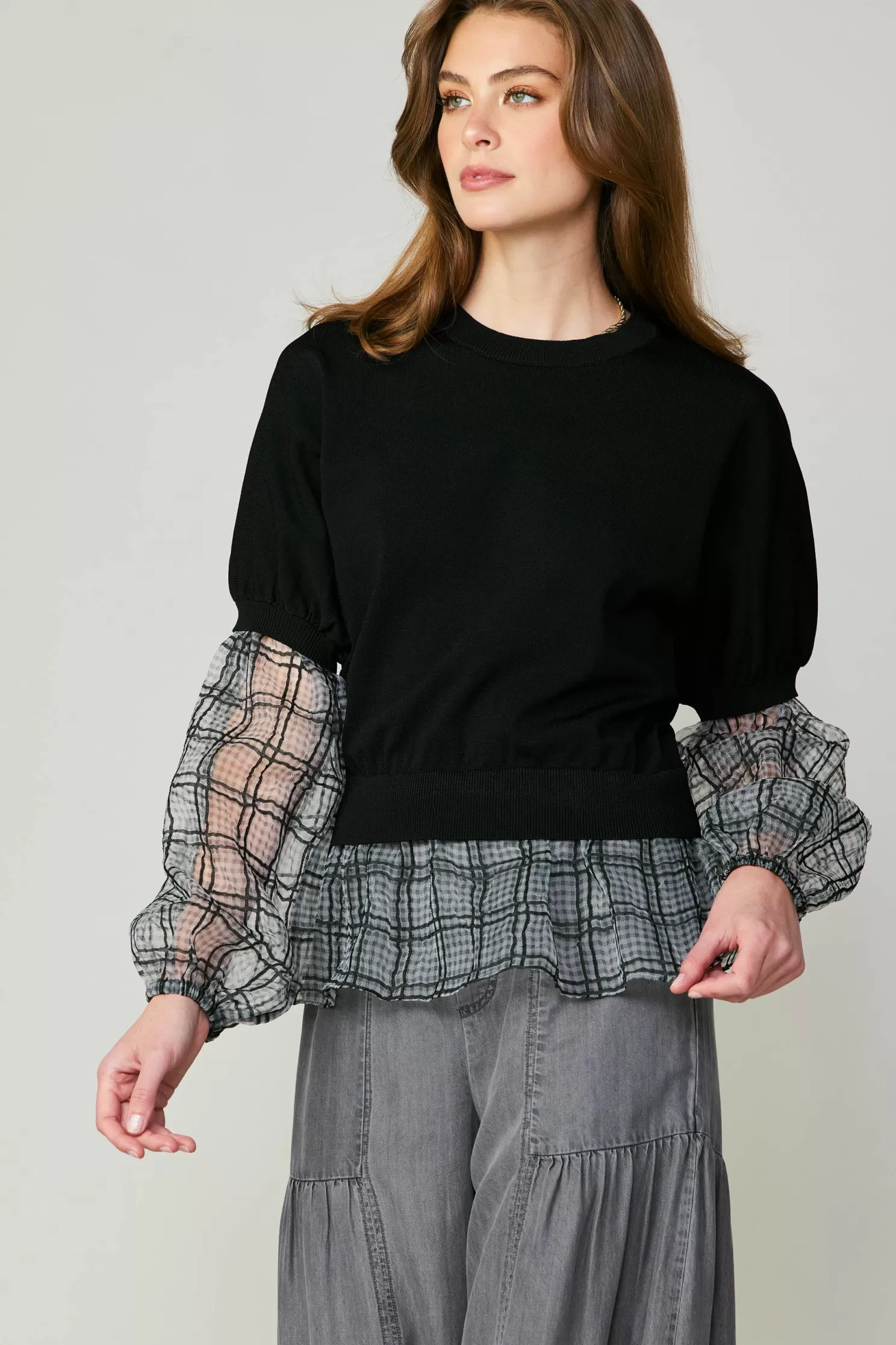 Outlet Windowpane Plaid Sweater Top Blouses | Sweaters