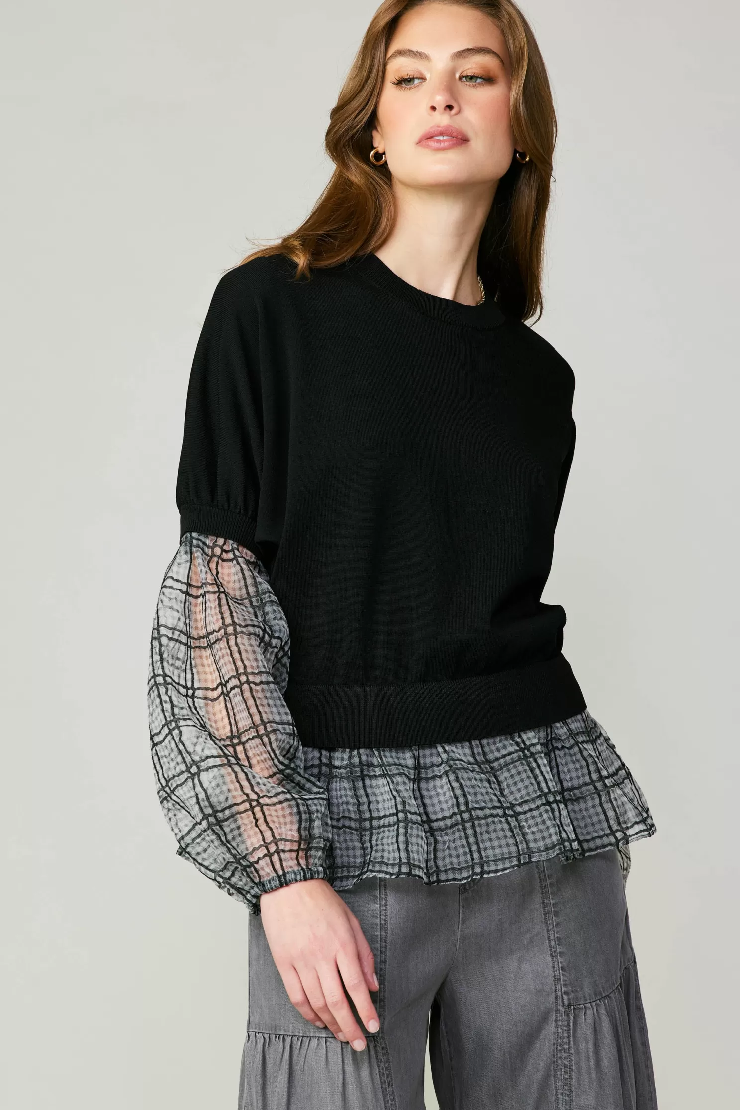 Outlet Windowpane Plaid Sweater Top Blouses | Sweaters