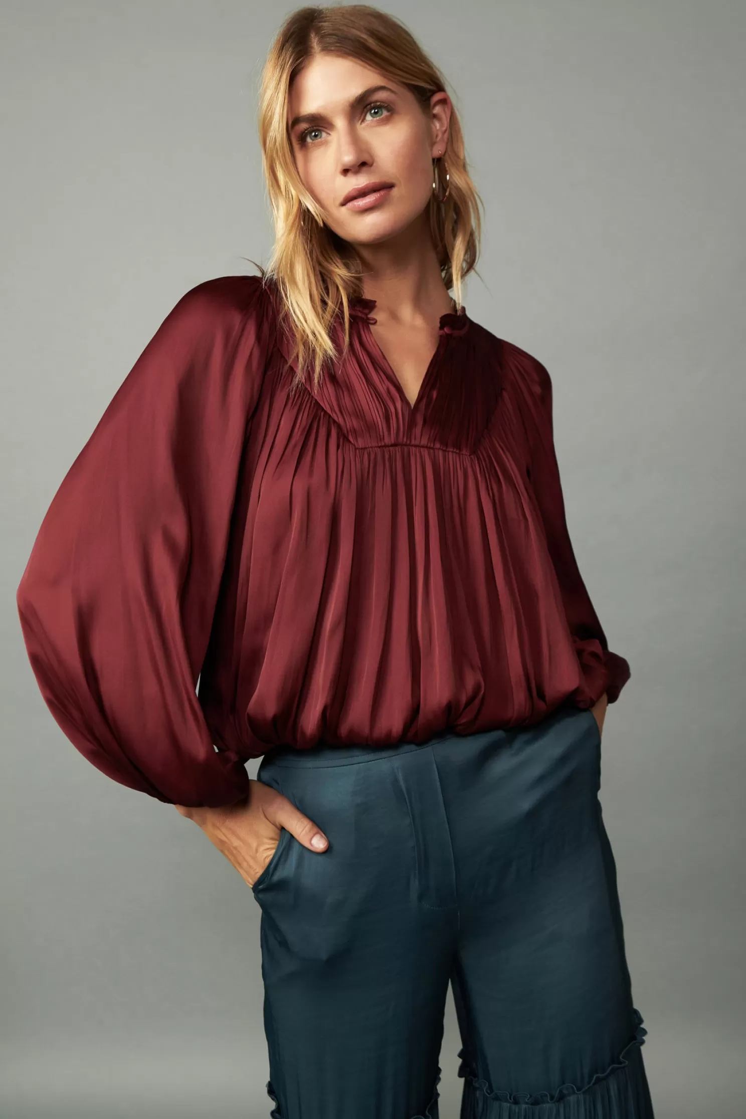 Best Yoke Shirred Blouse Blouses | Long Sleeve Tops